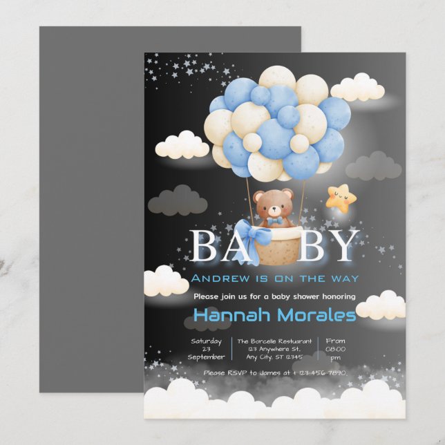 Brauner Bär mit Balloons Dualfarben-Babydusche Einladung (Vorne/Hinten)