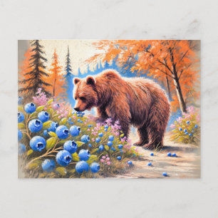 Brauner Bär mit Blueberries Pastell Chalk Art Postkarte