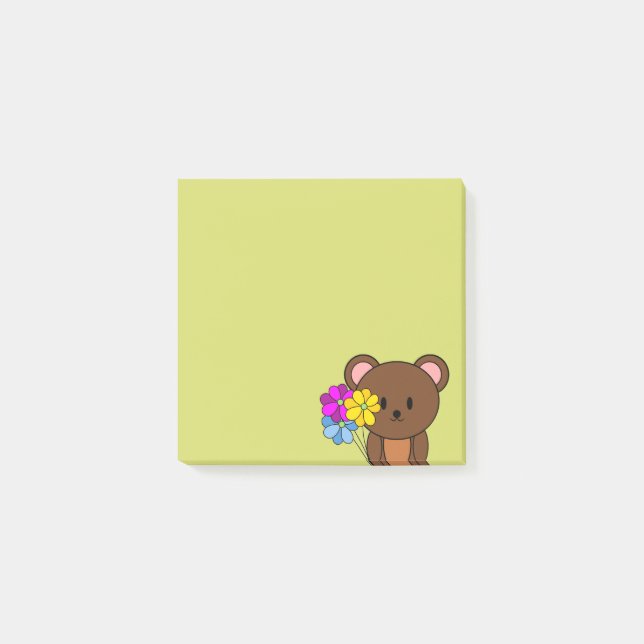 Brauner Bär mit einem Haufen Blume Post-it Klebezettel (Vorderseite)