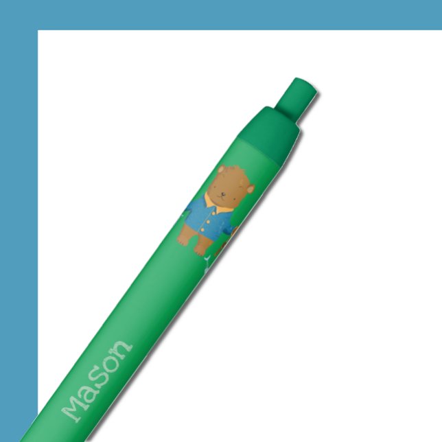 Brauner Bär mit Fangrod-Kid-Pen Kugelschreiber (Fishing brown bear kid pen close up . 
Disclaimer : the ink is NOT green .)