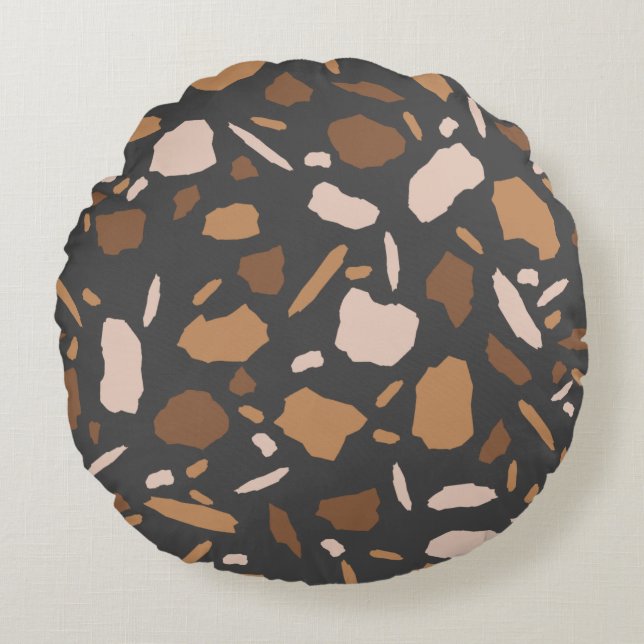 Brauner, Beige, Tan und grauer Terrazzo-Marmor Rundes Kissen (Vorderseite)