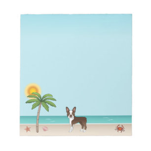 Brauner Boston Terrier an einem tropischen Sommers Notizblock