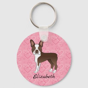 Brauner Boston Terrier Hund auf rosa Herzen und Na Schlüsselanhänger