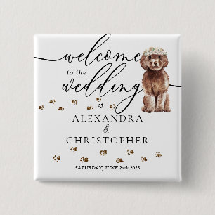 Brauner Cavapoo-Hund Willkommen zur Hochzeit Süße Button