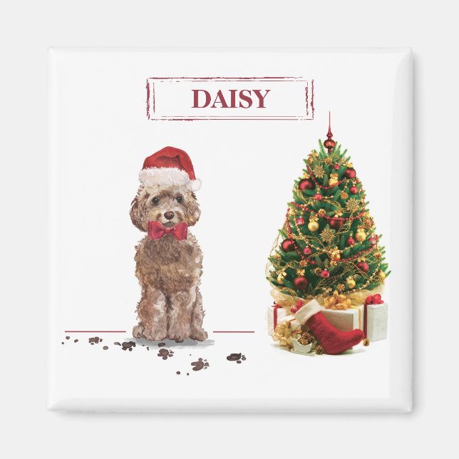 Brauner Cockapoo Lustiger Weihnachtshund und Baum Magnet (Vorne)