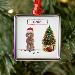 Brauner Cockapoo Lustiger Weihnachtshund und Baum Ornament Aus Metall