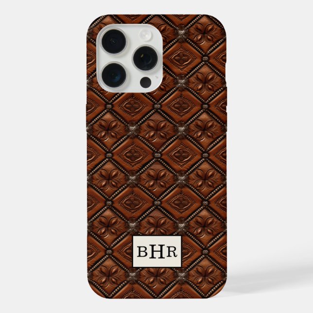 Brauner Diamant-Leder mit Monogramm iPhone 15 Pro Max Hülle (Rückseite)