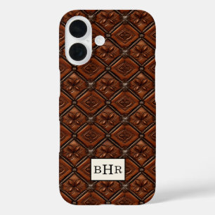 Brauner Diamant-Leder mit Monogramm iPhone 16 Hülle