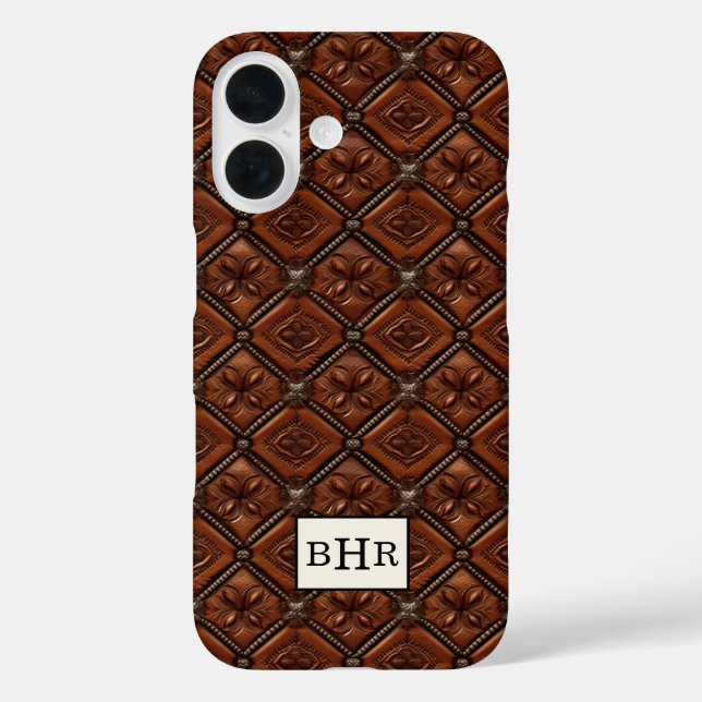 Brauner Diamant-Leder mit Monogramm iPhone 16 Hülle (Rückseite)
