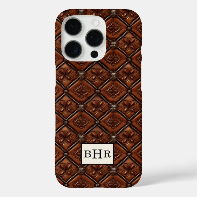 Brauner Diamant-Leder mit Monogramm iPhone 16 Pro Hülle (Rückseite)