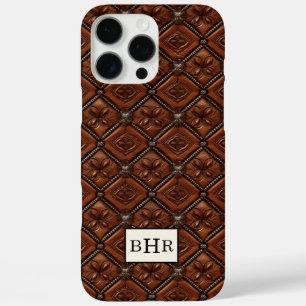 Brauner Diamant-Leder mit Monogramm iPhone 16 Pro Max Hülle