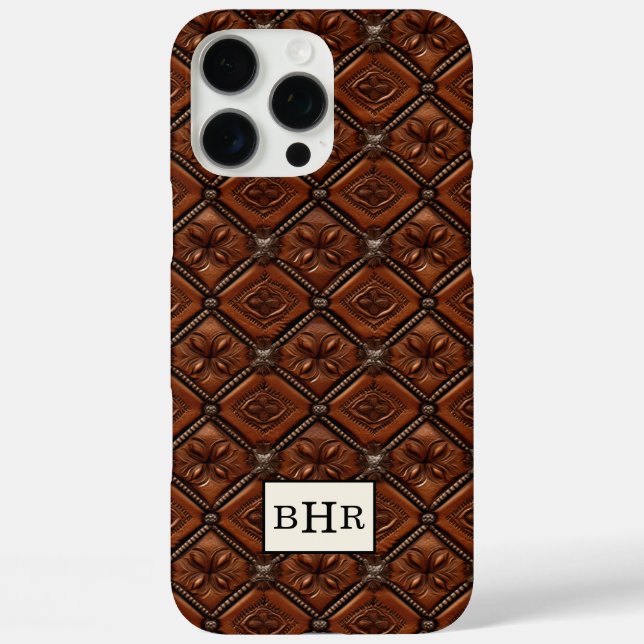 Brauner Diamant-Leder mit Monogramm iPhone 16 Pro Max Hülle (Rückseite)