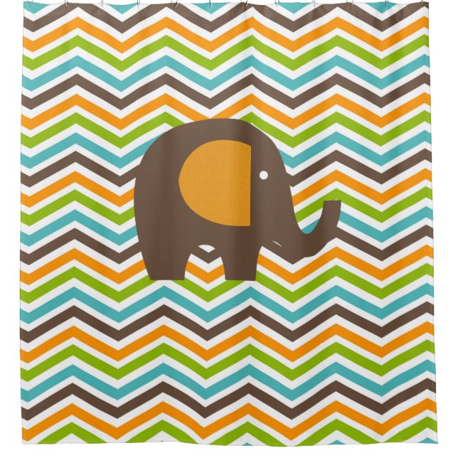Brauner Elefant auf farbenfrohen Zickzack Streifen Duschvorhang (Vorderseite)