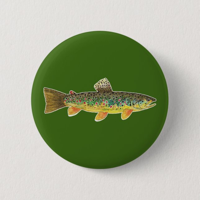 Brauner Forellenfisch Grüner Angler Button (Vorderseite)