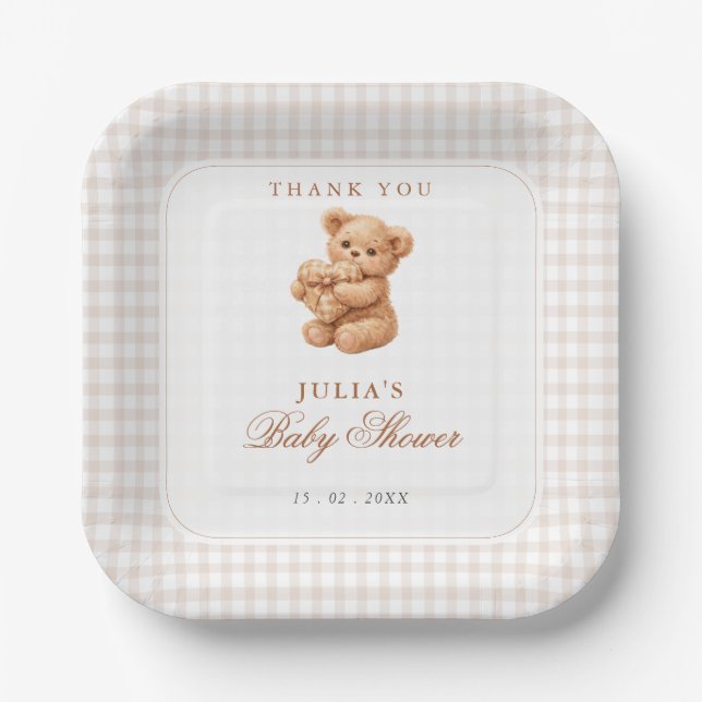 Brauner Gingham-Teddybär Neutrale Babyparty-Papier Pappteller (Vorderseite)