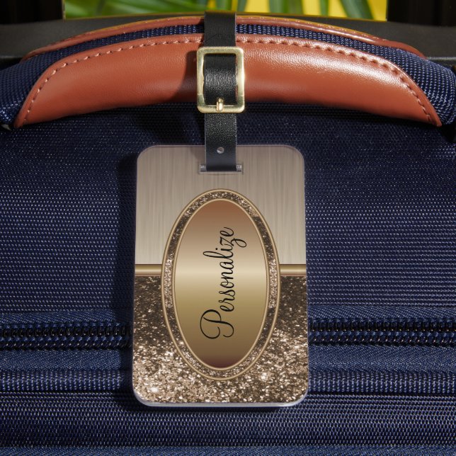 Brauner Glitzer und Metallbrush Bronze Print Gepäckanhänger (Vorderseite Insitu 2)