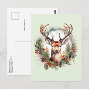 Brauner Hirsch mit Geweih Rustikales Weihnachten Postkarte
