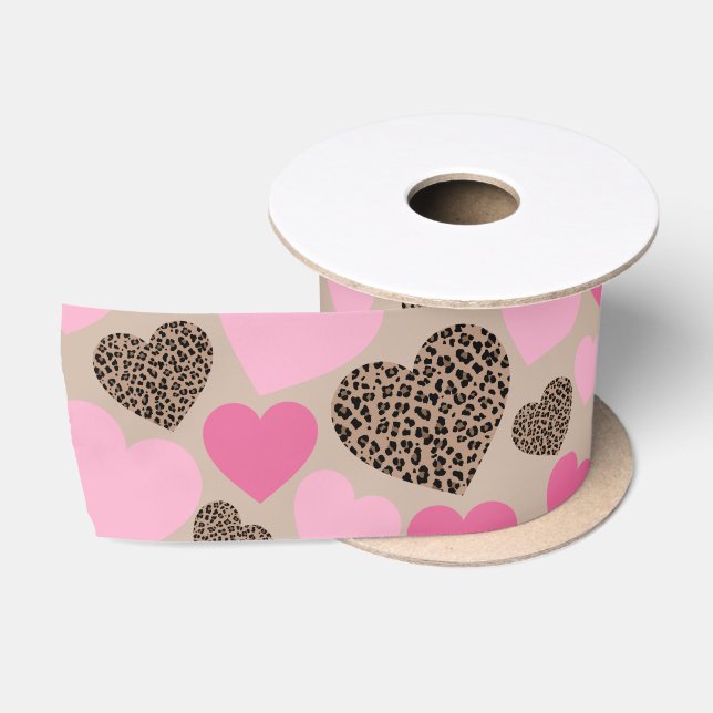Brauner Leopard und rosa Herzen Satinband (Spule)