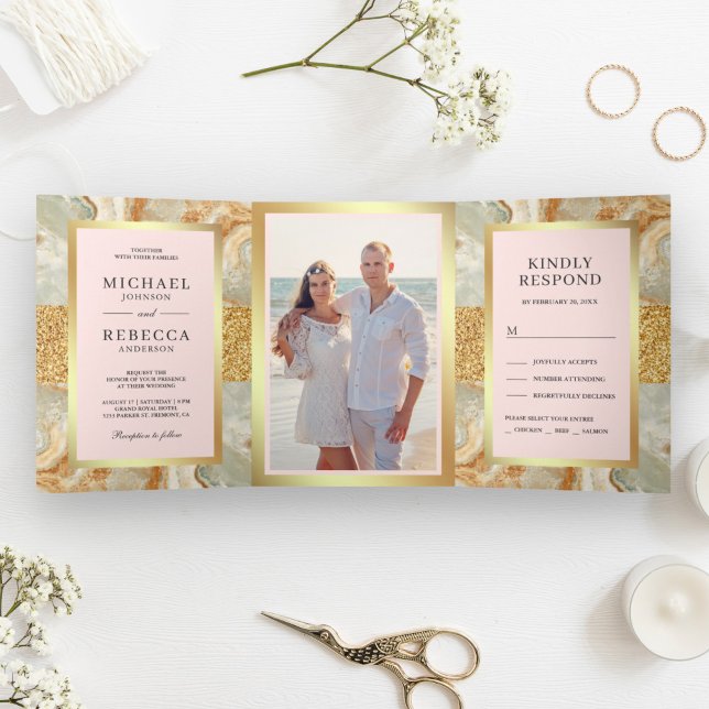 Brauner Marmor Glitzer Blush Pink Hochzeit Dreifach Gefaltete Einladung (Von Creator hochgeladen)