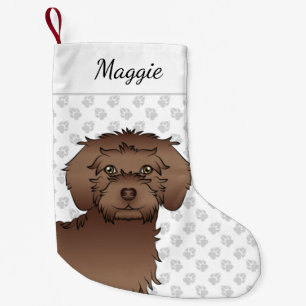 Brauner Mini-Goldendoodle-Cartoon-Hundekopf & Name Kleiner Weihnachtsstrumpf