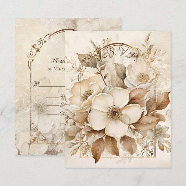 Brauner Monoton und Goldrahmen für Weißrosen RSVP Karte (Vorne/Hinten)