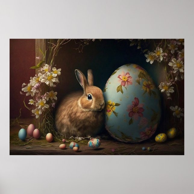 Brauner Osterhase neben einem blauen Blumenei Poster (Vorne)