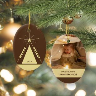Brauner ovaler Weihnachtsbaum-Familienfoto aus Cho Keramik Ornament