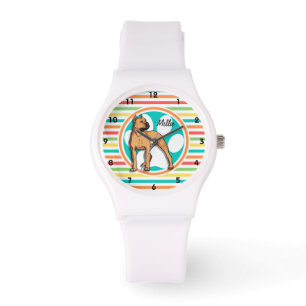 Brauner Pitbulle; Helle Regenbogenstreifen Armbanduhr