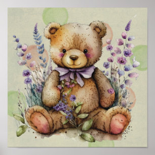 Brauner Teddybär Lavendelblumen und Punkte Poster