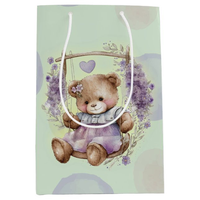 Brauner Teddybär Schwingen Lavendelkleid und Polka Mittlere Geschenktüte (Vorderseite)