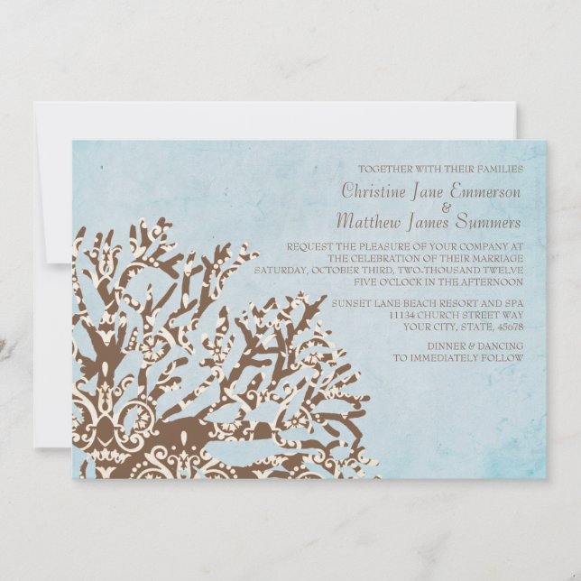 Brauner und Aquamariner Coral Beach Hochzeitsempfa Einladung (Vorderseite)