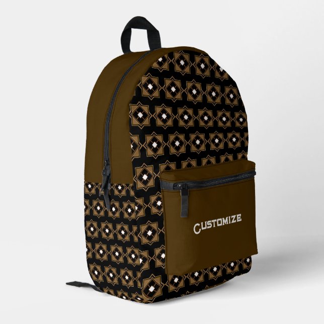 Brauner und schwarzer geometrischer Druck-Schnittw Bedruckter Rucksack (Rückseitige Ecke links)