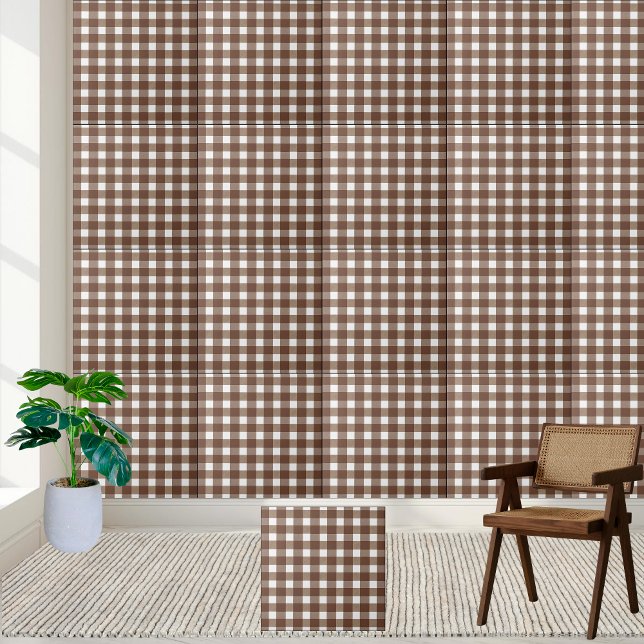 Brauner und weißer Gingham Schachtel Karierte Tile Fliese (Brown and White Gingham Checkered Plaid Tile)