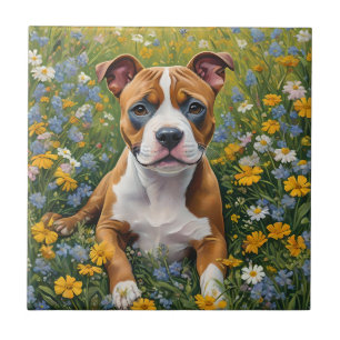 Brauner und weißer Staffordshire Bull Terrier Welp Fliese