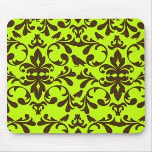 brauner Vogel und limettengrünes Damastmuster Mousepad