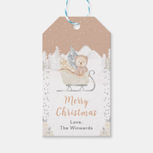 Brauner Weihnachtsbär-Schlitten Frohe Weihnachten Geschenkanhänger