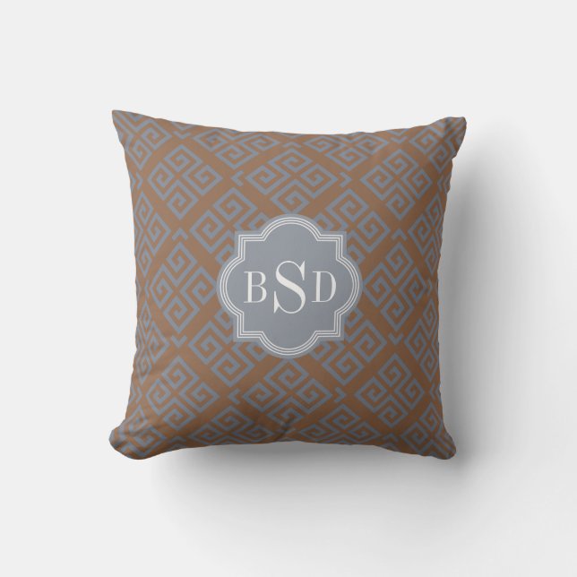 Braunes abstraktes geometrisches Mustermonogramm Kissen (Vorderseite)