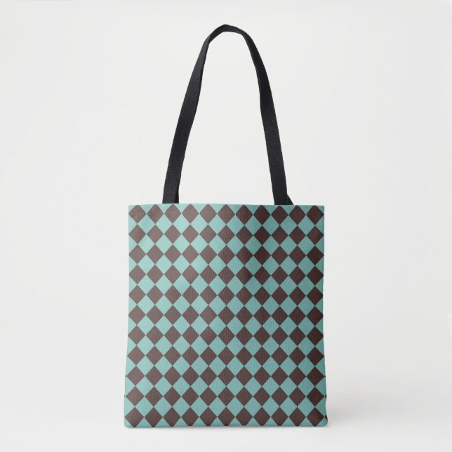 Braunes Aquamarines Schachbrett Diamant Muster Sch Tasche (Vorderseite)