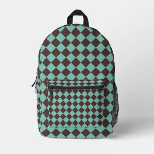 Braunes Aquamarines Schachbrett Diamantmuster Bedruckter Rucksack