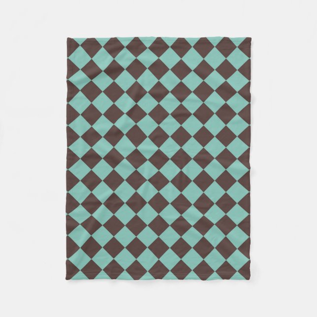 Braunes Aquamarines Schachbrett Diamantmuster Fleecedecke (Vorderseite)