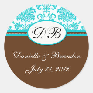 Braunes Blue Wedding Monogram Damask Siegel Runder Aufkleber