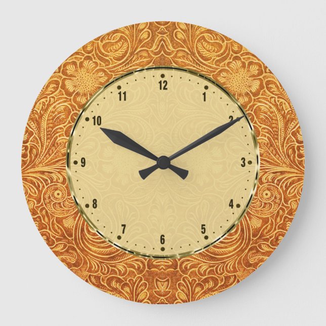 Braunes Blumenmuster Leder Look Touch Gold Große Wanduhr (Vorderseite)