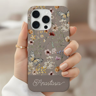 Braunes Boho-Wasserfarben-Wildblumenmuster iPhone 15 Pro Hülle