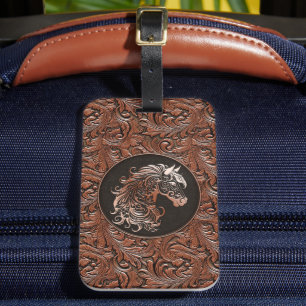 Braunes Cowgirl mit Blumenmotiven aus Leder Gepäckanhänger