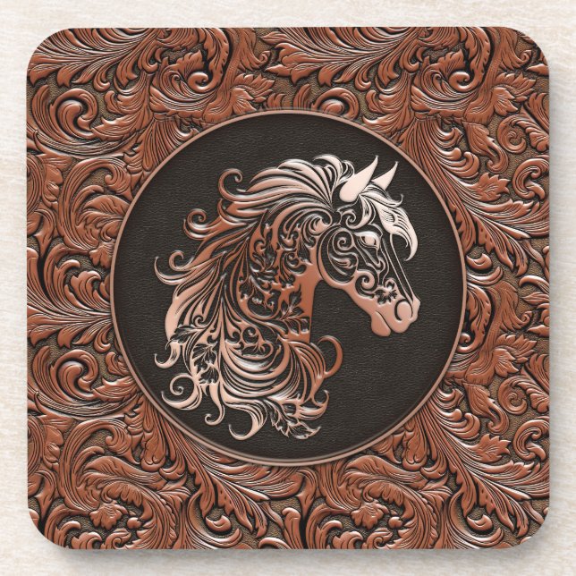 Braunes Cowgirl mit Blumenmotiven aus Leder Getränkeuntersetzer (Vorderseite)