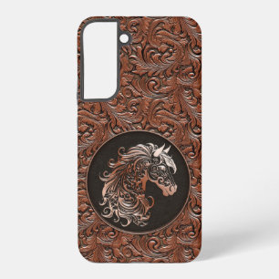 Braunes Cowgirl mit Blumenmotiven aus Leder Samsung Galaxy Hülle
