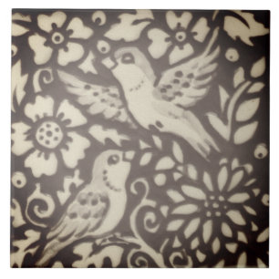 Braunes Cream Bird Floral Foliage Holz Dekoration Fliese