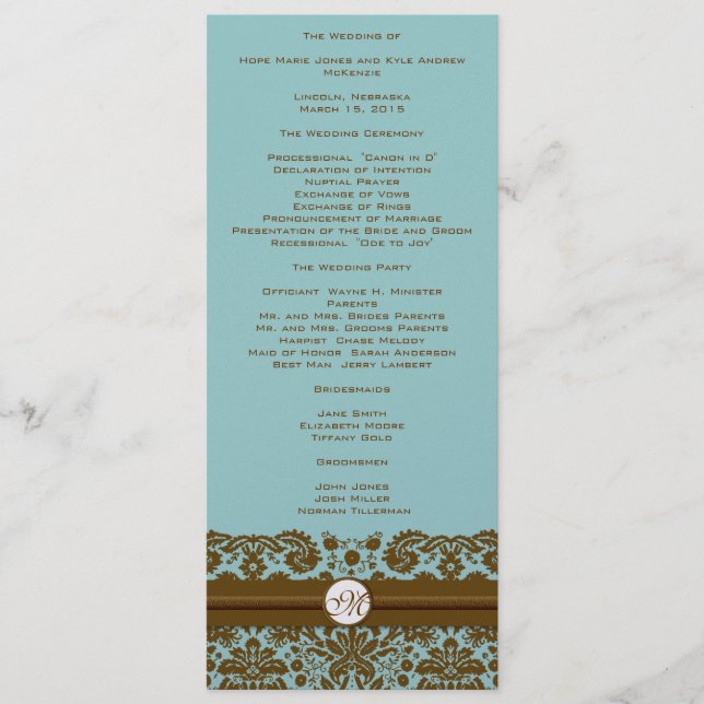 Braunes Damast-Monogramm-Hochzeitsprogramm Programm (Vorderseite)