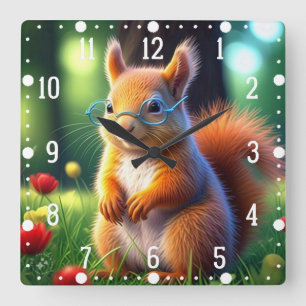 Braunes Eichhörnchen sitzt auf Gras-43543 Quadratische Wanduhr