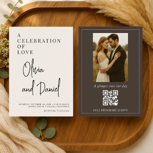 Braunes Espresso-Script-Foto-QR-Code-Hochzeit Einladung